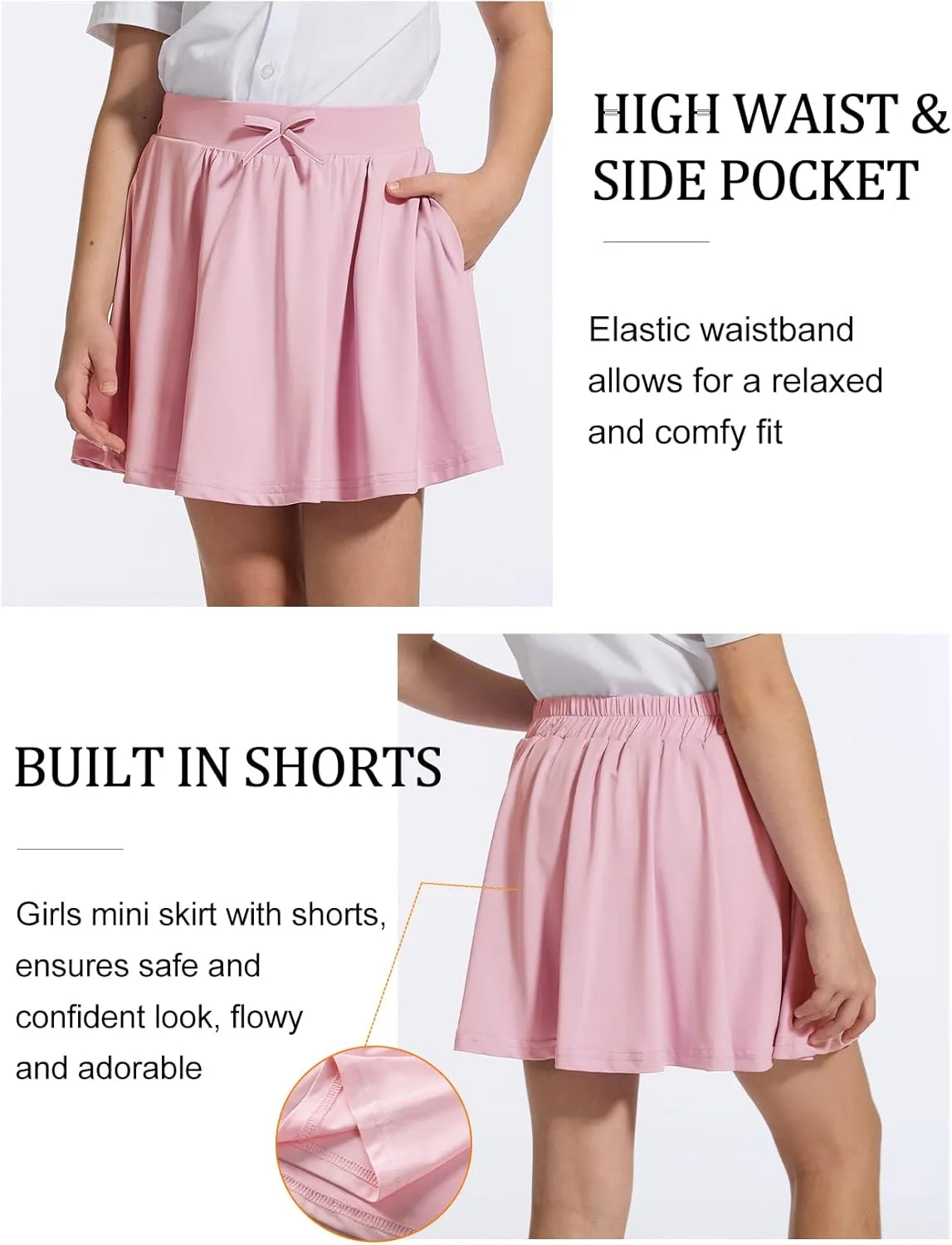 Flygo 2 Pack Girls Skirts Mini Skorts Pleated Flare High Waist Athletic Tennis Uniform Skirt Built in Shorts with Pockets