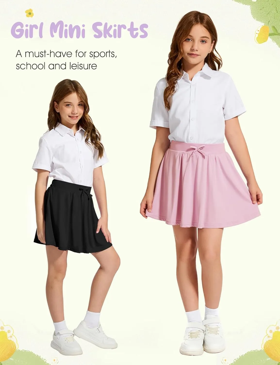 Flygo 2 Pack Girls Skirts Mini Skorts Pleated Flare High Waist Athletic Tennis Uniform Skirt Built in Shorts with Pockets
