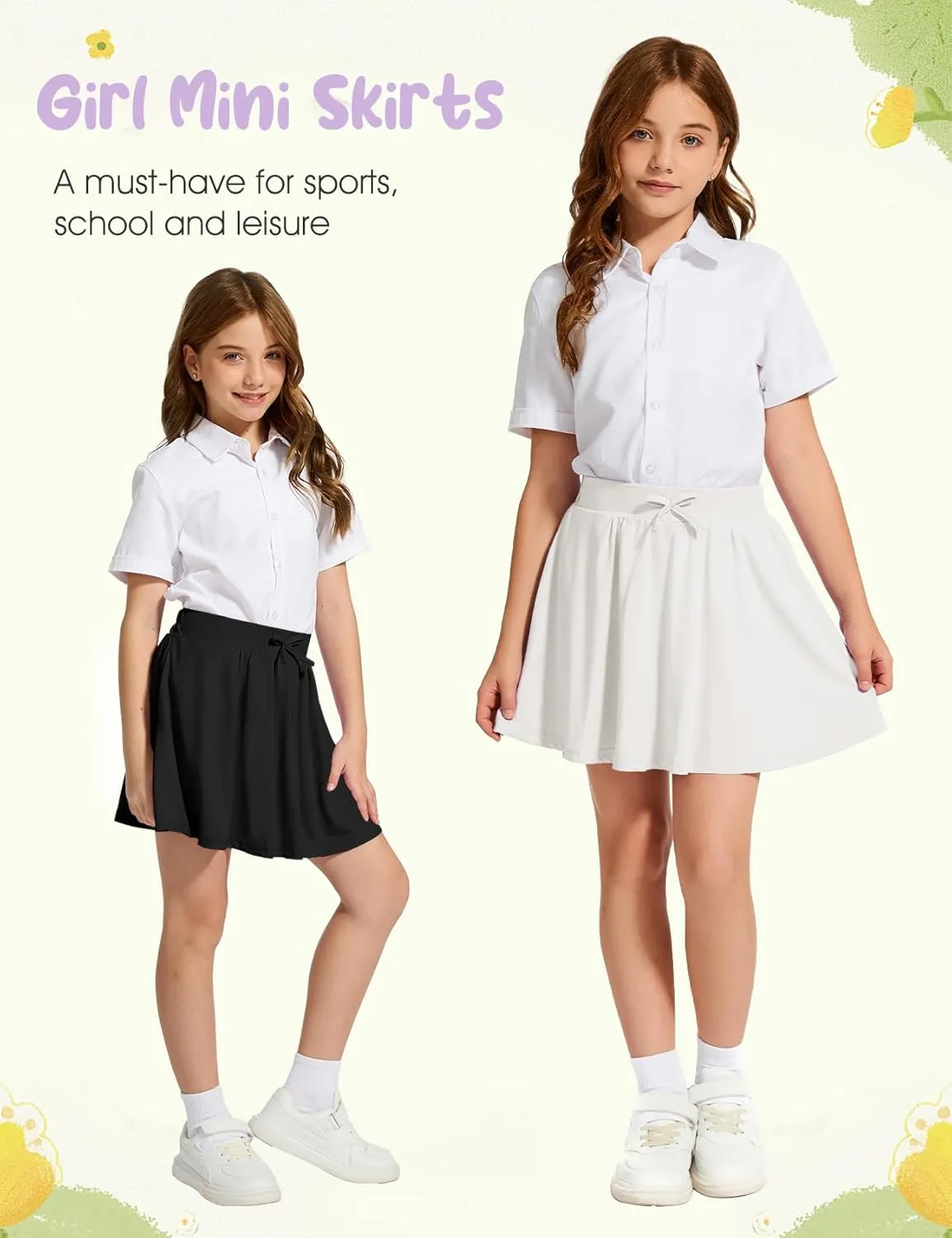 Flygo 2 Pack Girls Skirts Mini Skorts Pleated Flare High Waist Athletic Tennis Uniform Skirt Built in Shorts with Pockets