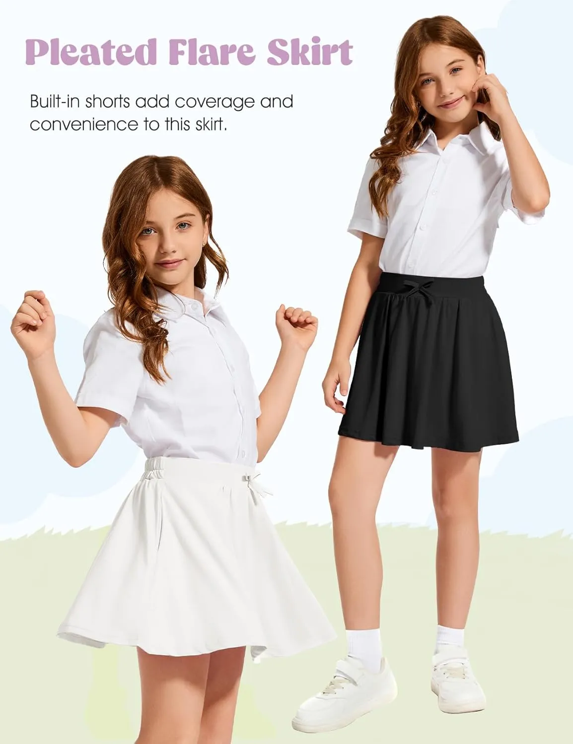 Flygo 2 Pack Girls Skirts Mini Skorts Pleated Flare High Waist Athletic Tennis Uniform Skirt Built in Shorts with Pockets