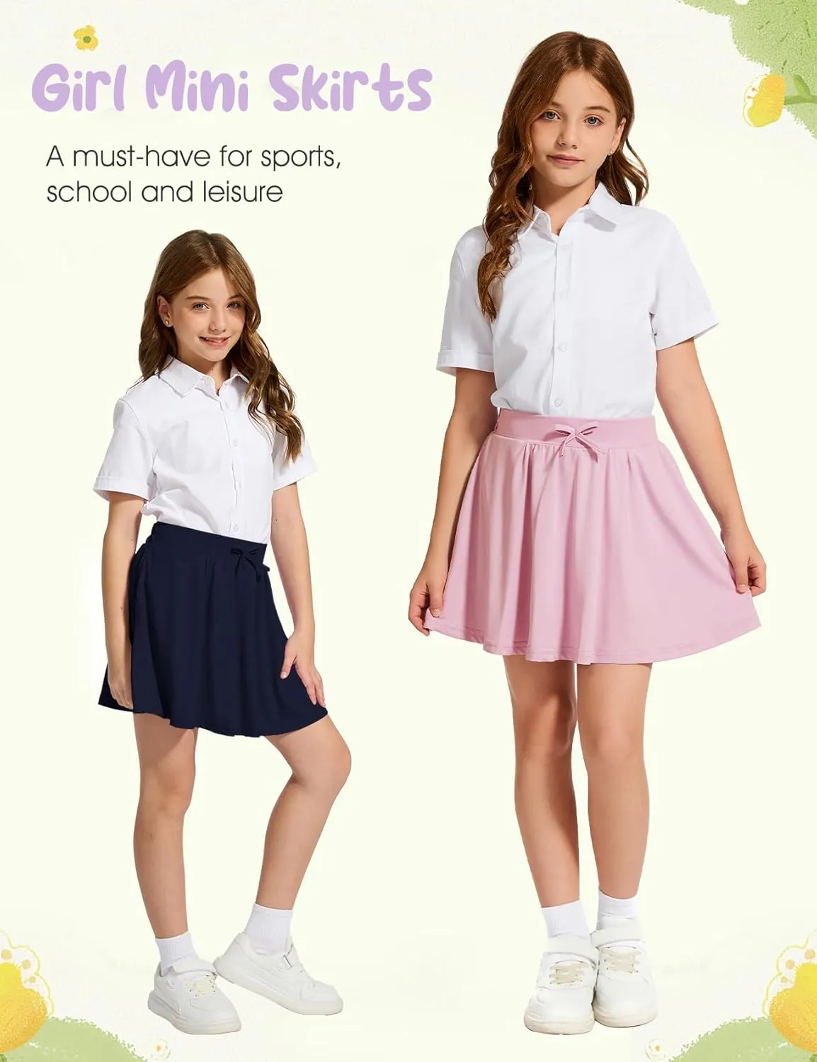 Flygo 2 Pack Girls Skirts Mini Skorts Pleated Flare High Waist Athletic Tennis Uniform Skirt Built in Shorts with Pockets