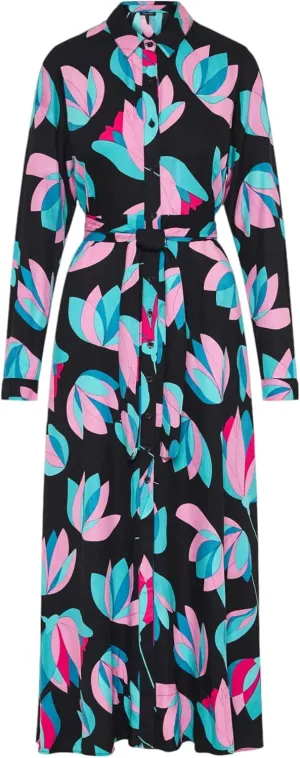 FUNKY BUDDHA Women's Camisole Maxi Dress with All-Over Print, Regular Fit, Classic Collar and Puffed Sleeves