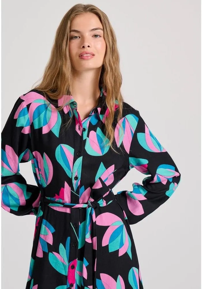 FUNKY BUDDHA Women's Camisole Maxi Dress with All-Over Print, Regular Fit, Classic Collar and Puffed Sleeves