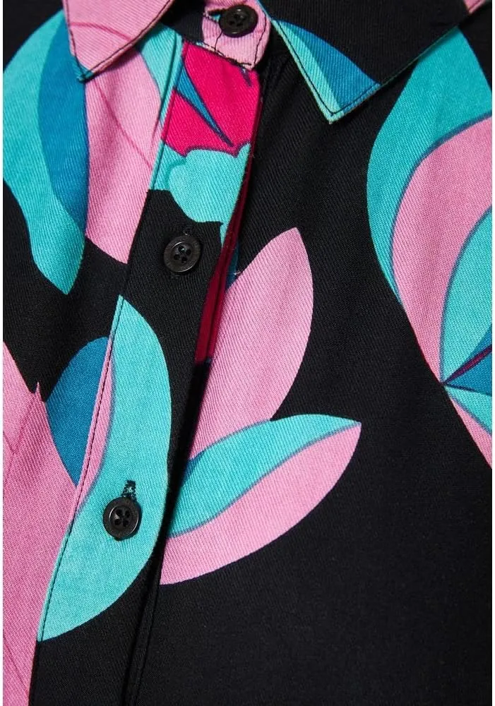 FUNKY BUDDHA Women's Camisole Maxi Dress with All-Over Print, Regular Fit, Classic Collar and Puffed Sleeves