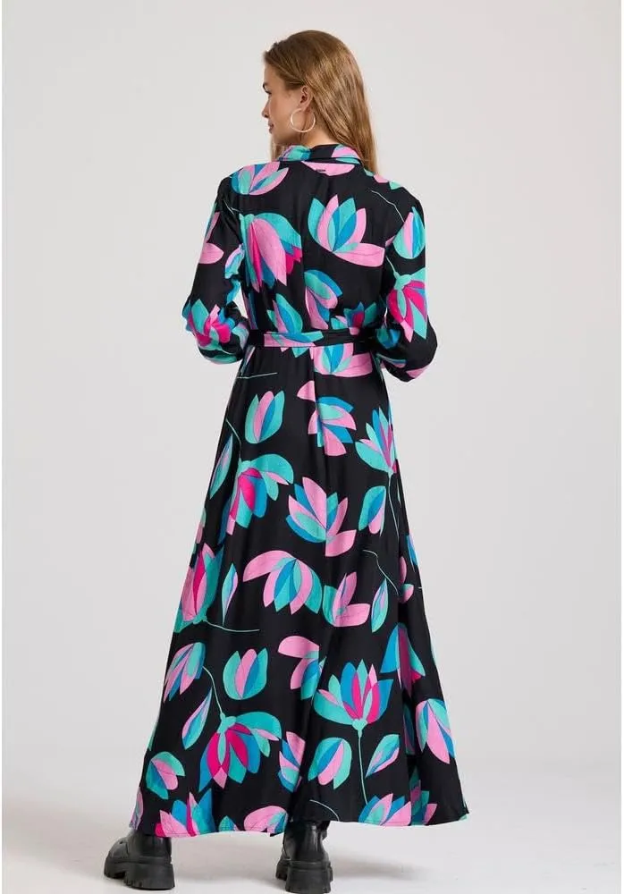 FUNKY BUDDHA Women's Camisole Maxi Dress with All-Over Print, Regular Fit, Classic Collar and Puffed Sleeves