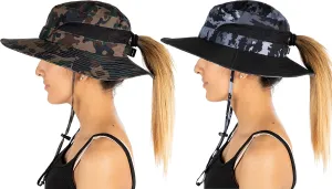 Funky Junque Ponytail Bucket Hat UPF 50  Messy Bun Sun Hat Wide Brim Mesh Cap