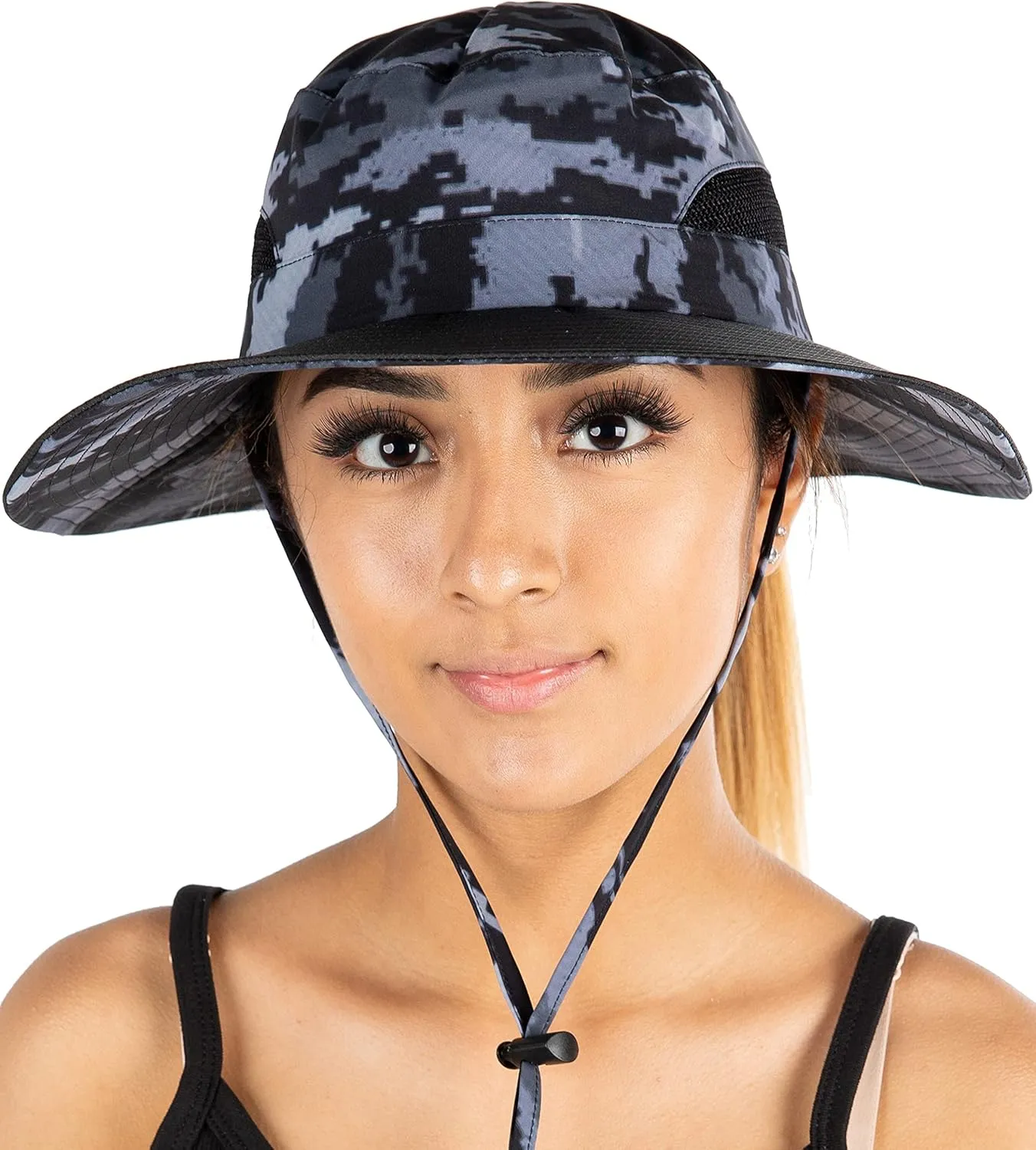 Funky Junque Ponytail Bucket Hat UPF 50  Messy Bun Sun Hat Wide Brim Mesh Cap