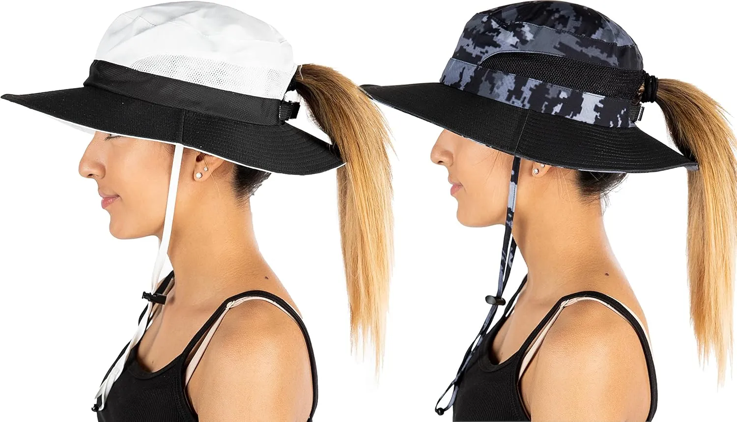 Funky Junque Ponytail Bucket Hat UPF 50  Messy Bun Sun Hat Wide Brim Mesh Cap