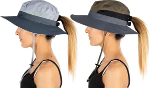 Funky Junque Ponytail Bucket Hat UPF 50  Messy Bun Sun Hat Wide Brim Mesh Cap
