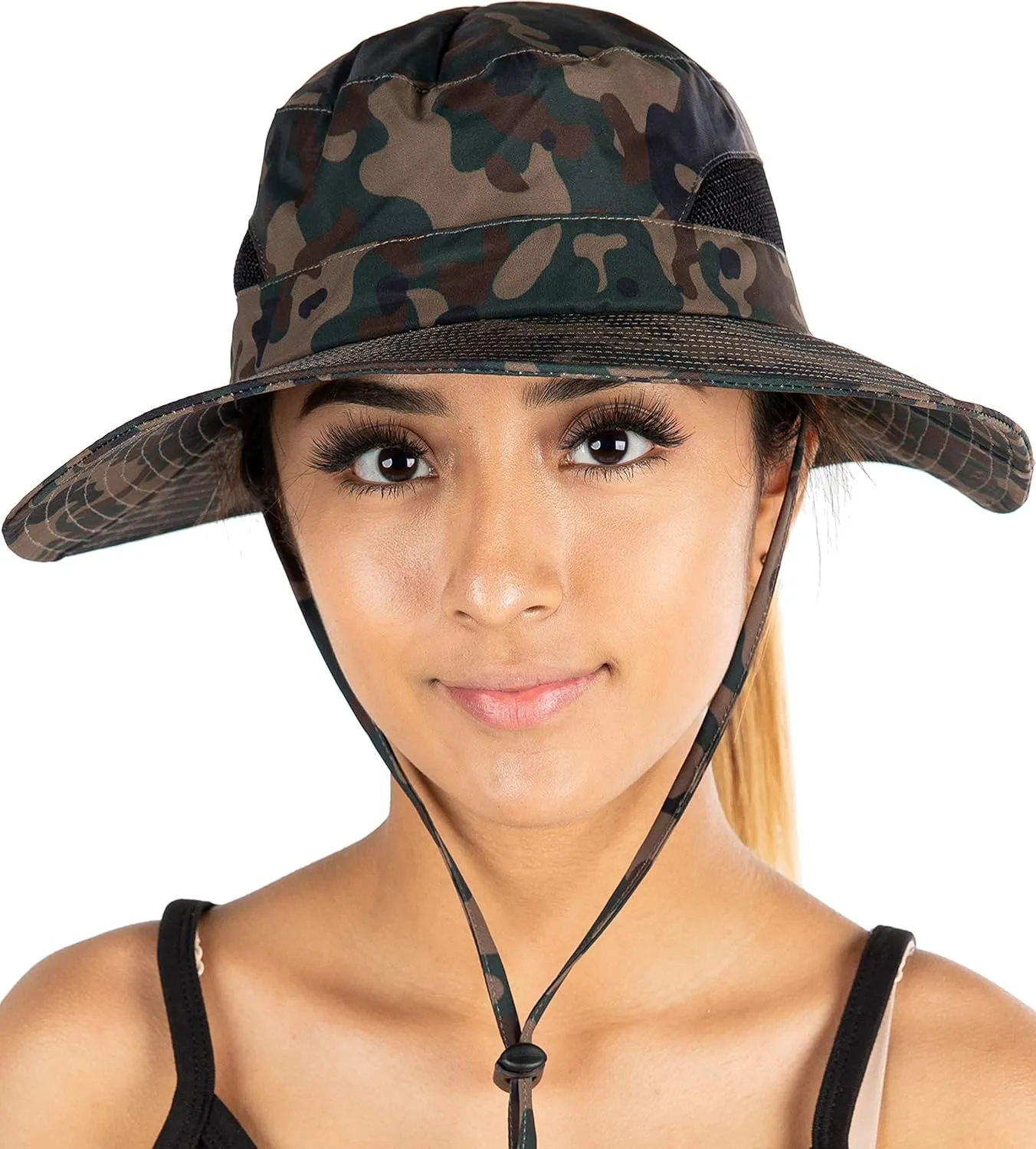 Funky Junque Ponytail Bucket Hat UPF 50  Messy Bun Sun Hat Wide Brim Mesh Cap