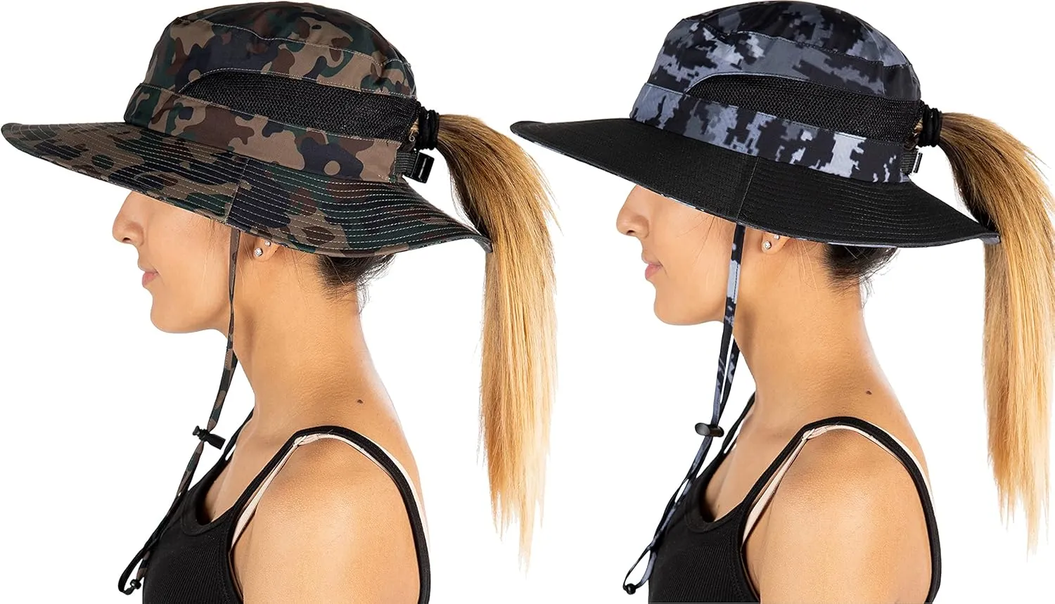 Funky Junque Ponytail Bucket Hat UPF 50  Messy Bun Sun Hat Wide Brim Mesh Cap