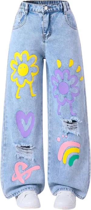 Girls Jeans Baggy Wide Leg Ripped Denim Pants Heart & Flower Print High Elastic Waisted Y2K Skater Outfits 8-12Y