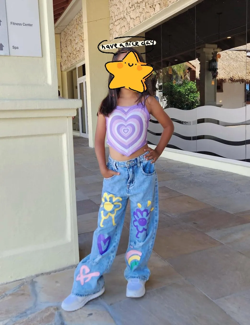 Girls Jeans Baggy Wide Leg Ripped Denim Pants Heart & Flower Print High Elastic Waisted Y2K Skater Outfits 8-12Y