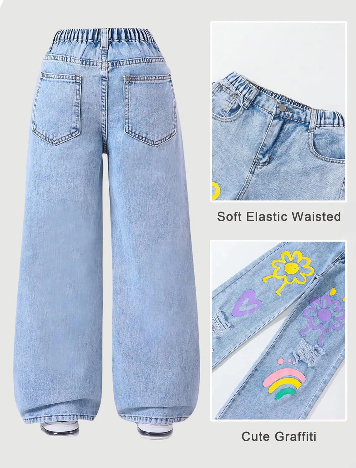 Girls Jeans Baggy Wide Leg Ripped Denim Pants Heart & Flower Print High Elastic Waisted Y2K Skater Outfits 8-12Y