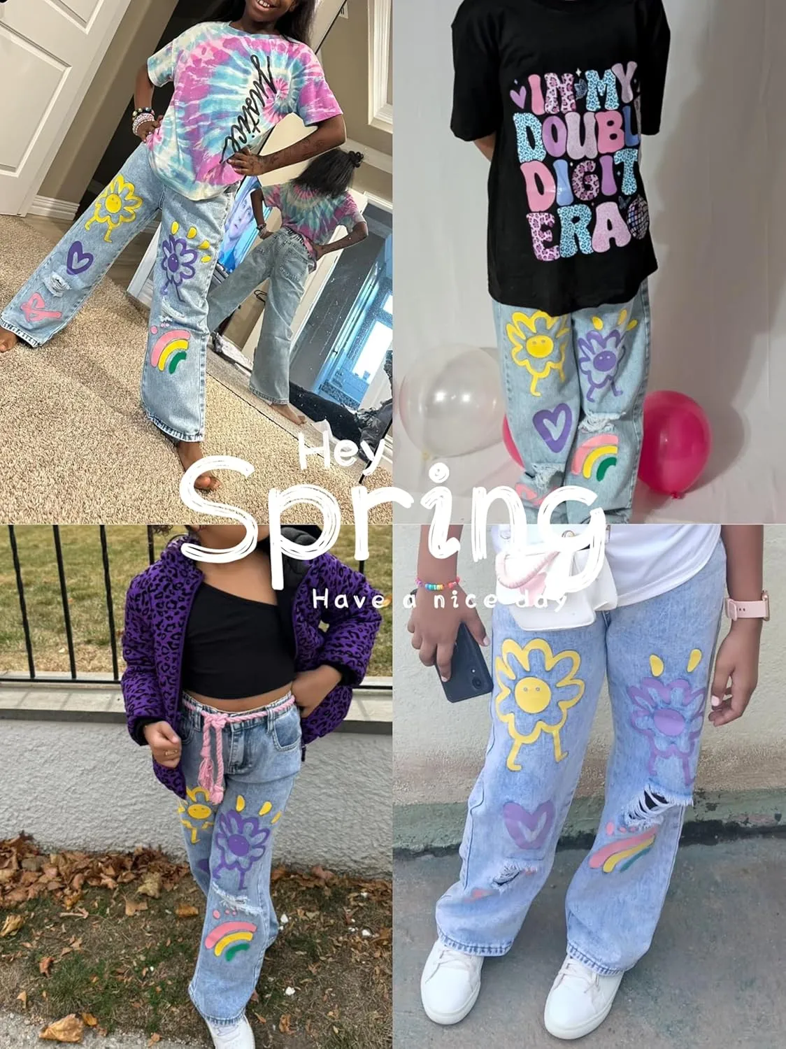 Girls Jeans Baggy Wide Leg Ripped Denim Pants Heart & Flower Print High Elastic Waisted Y2K Skater Outfits 8-12Y