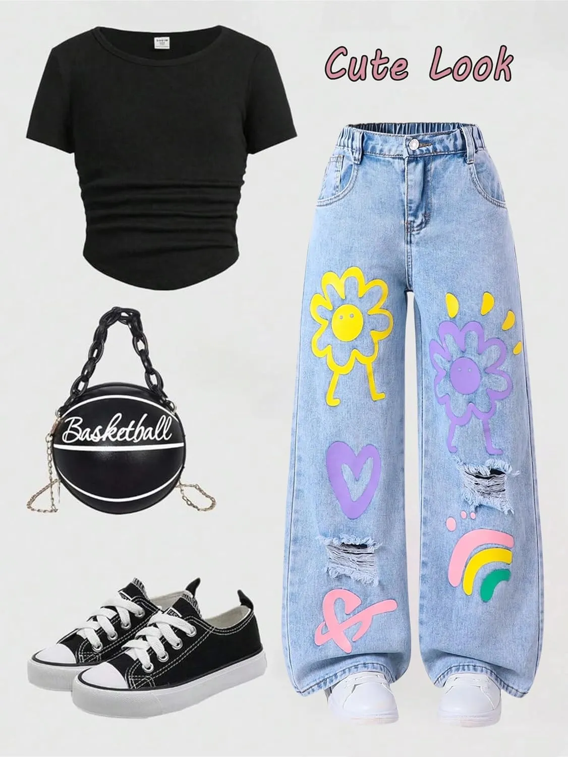 Girls Jeans Baggy Wide Leg Ripped Denim Pants Heart & Flower Print High Elastic Waisted Y2K Skater Outfits 8-12Y