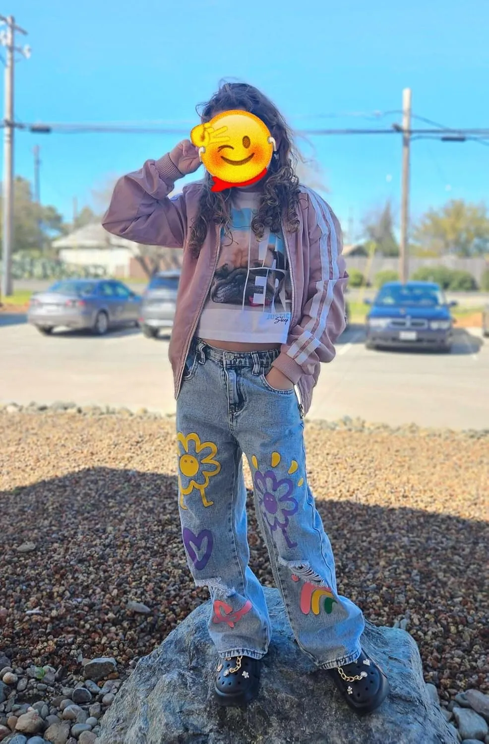 Girls Jeans Baggy Wide Leg Ripped Denim Pants Heart & Flower Print High Elastic Waisted Y2K Skater Outfits 8-12Y