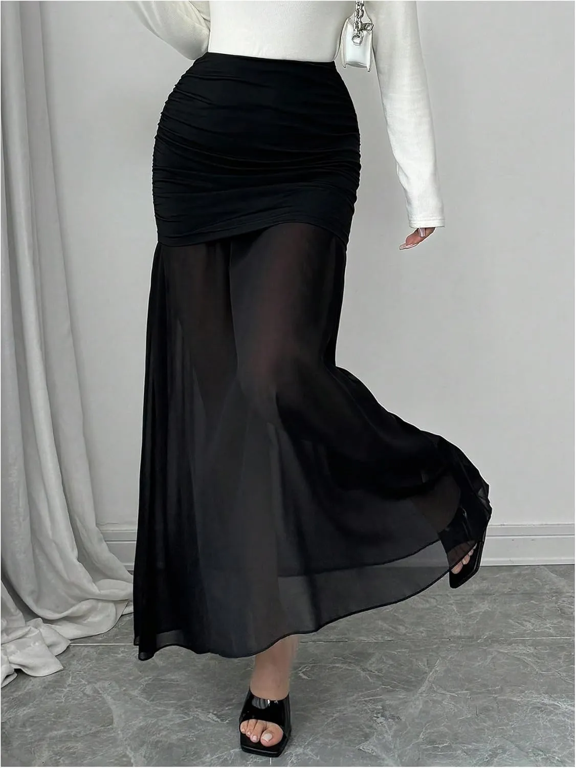 GORGLITTER Women's Mesh Skirts Ruched High Waist Party Bodycon Maxi Skirts