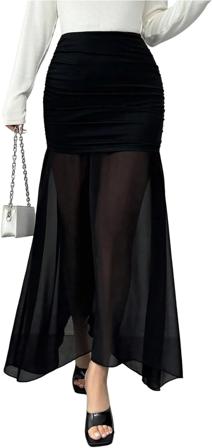 GORGLITTER Women's Mesh Skirts Ruched High Waist Party Bodycon Maxi Skirts