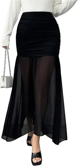 GORGLITTER Women's Mesh Skirts Ruched High Waist Party Bodycon Maxi Skirts