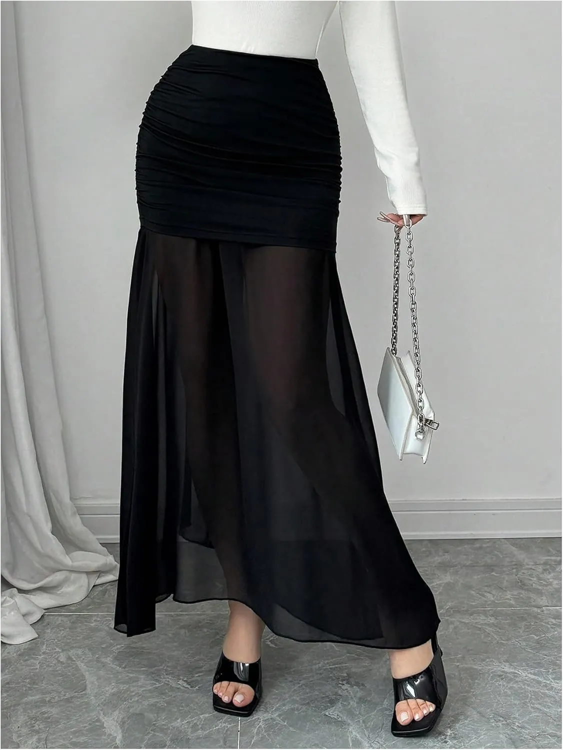 GORGLITTER Women's Mesh Skirts Ruched High Waist Party Bodycon Maxi Skirts