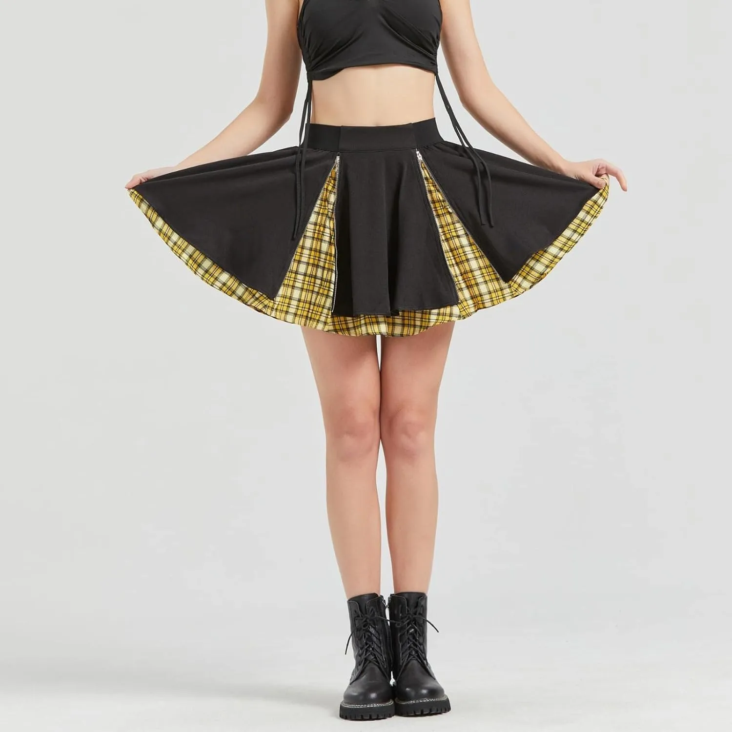 Gothic Skirts Cute High Elastic Waisted Plaid Kilts for Women Trendy Hem Flared Knee Length Mini Skater Skirt