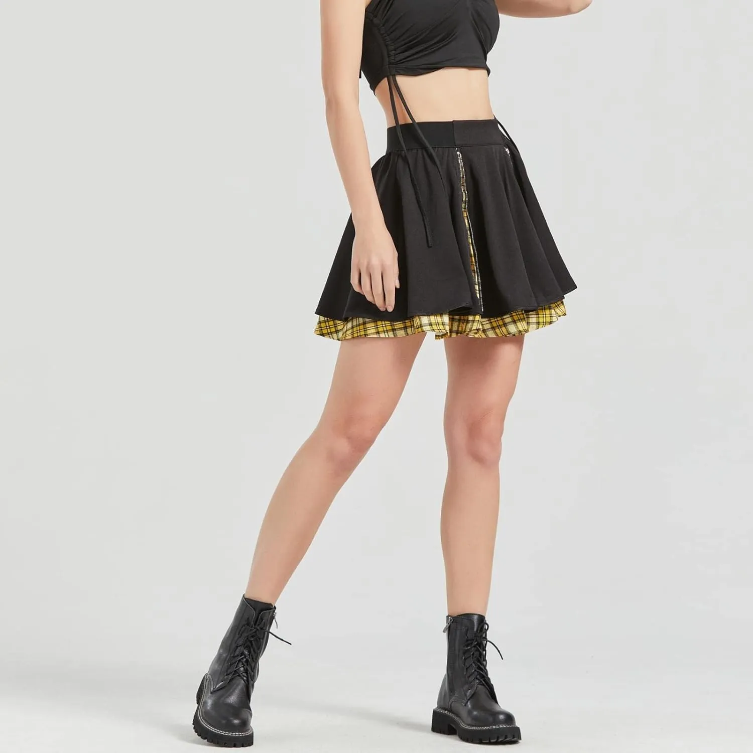 Gothic Skirts Cute High Elastic Waisted Plaid Kilts for Women Trendy Hem Flared Knee Length Mini Skater Skirt