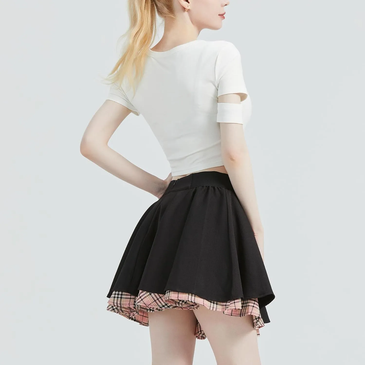 Gothic Skirts Cute High Elastic Waisted Plaid Kilts for Women Trendy Hem Flared Knee Length Mini Skater Skirt