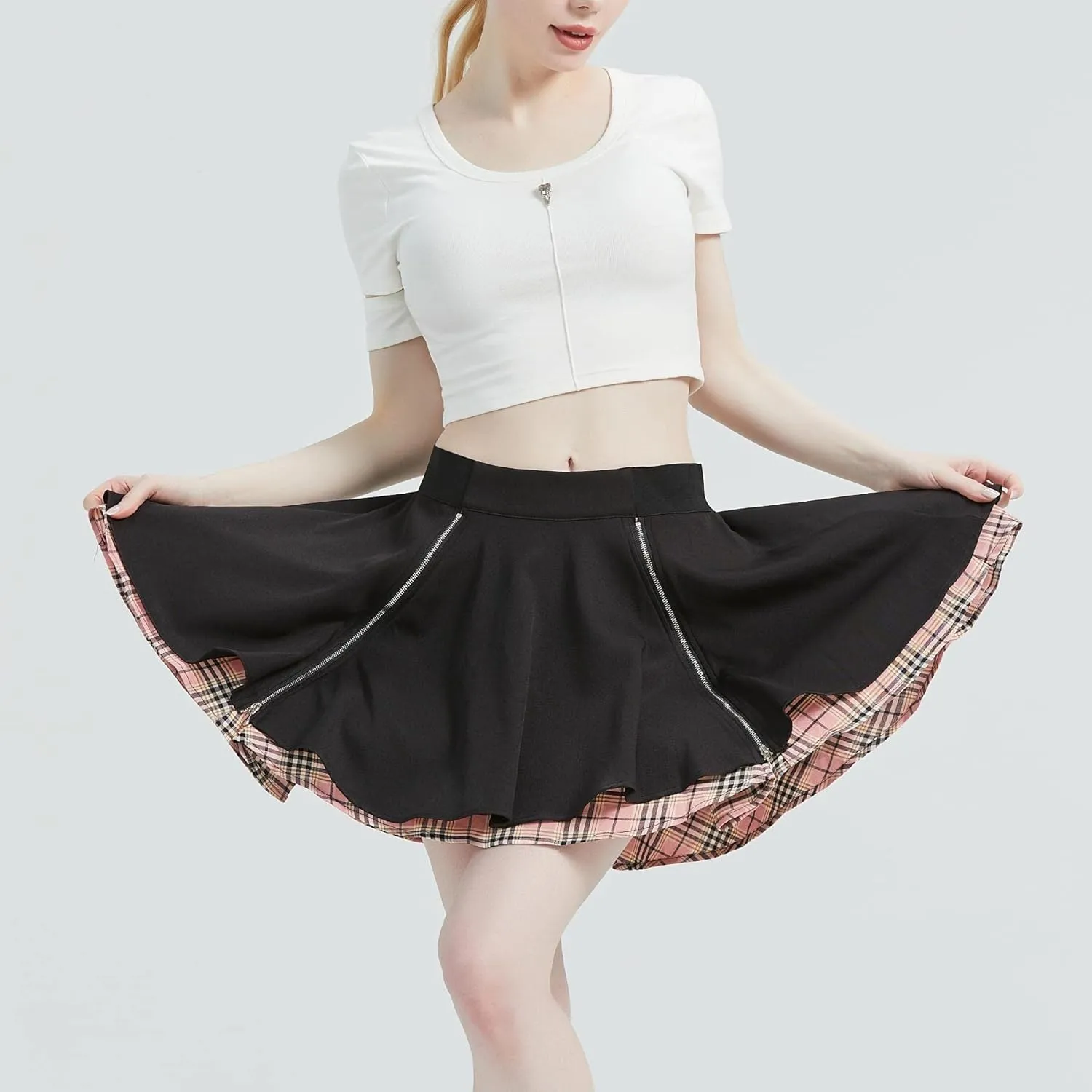 Gothic Skirts Cute High Elastic Waisted Plaid Kilts for Women Trendy Hem Flared Knee Length Mini Skater Skirt