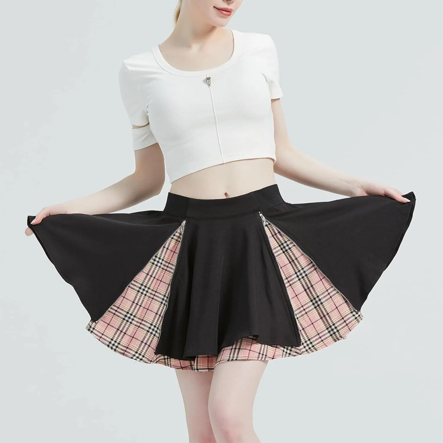 Gothic Skirts Cute High Elastic Waisted Plaid Kilts for Women Trendy Hem Flared Knee Length Mini Skater Skirt