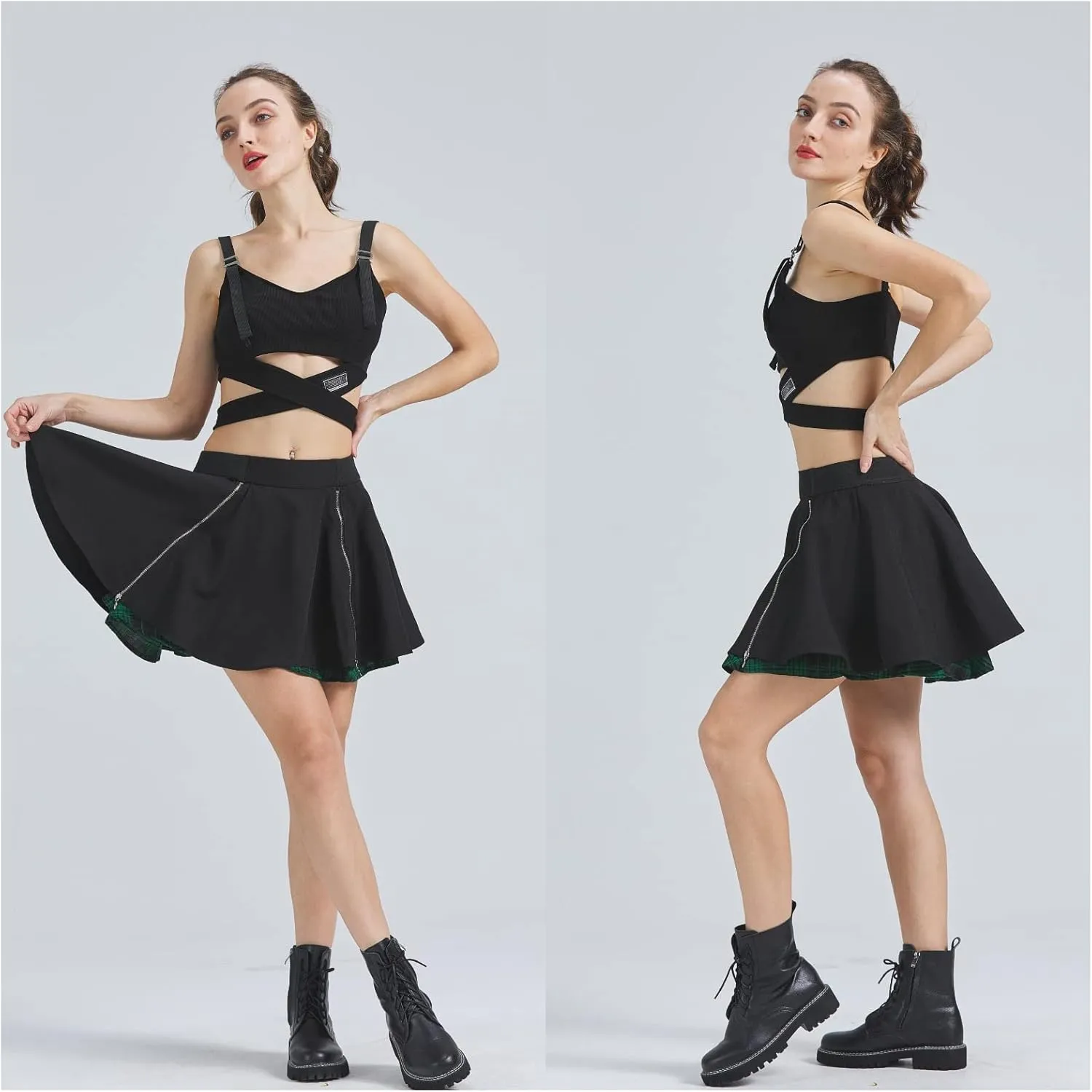 Gothic Skirts Cute High Elastic Waisted Plaid Kilts for Women Trendy Hem Flared Knee Length Mini Skater Skirt