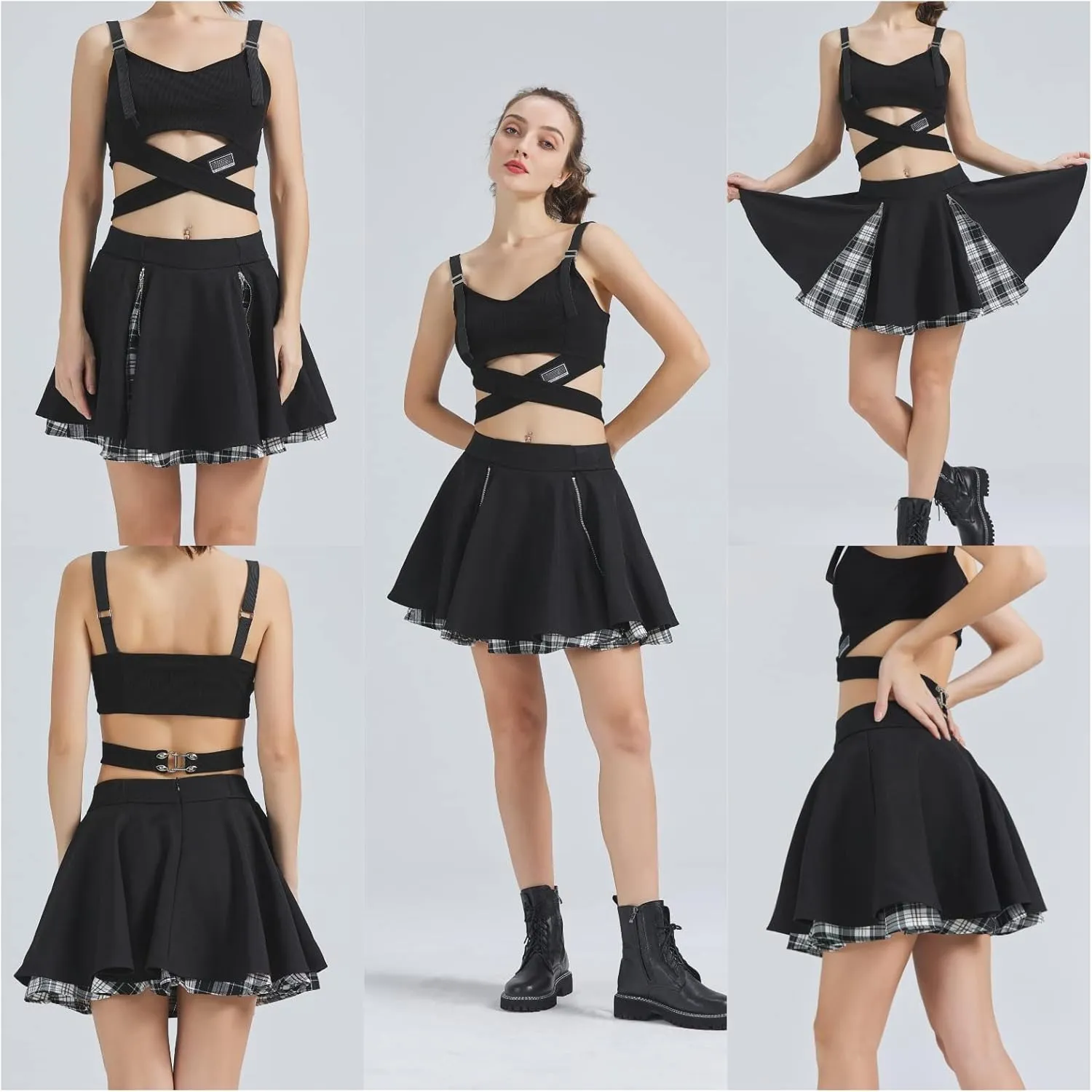 Gothic Skirts Cute High Elastic Waisted Plaid Kilts for Women Trendy Hem Flared Knee Length Mini Skater Skirt
