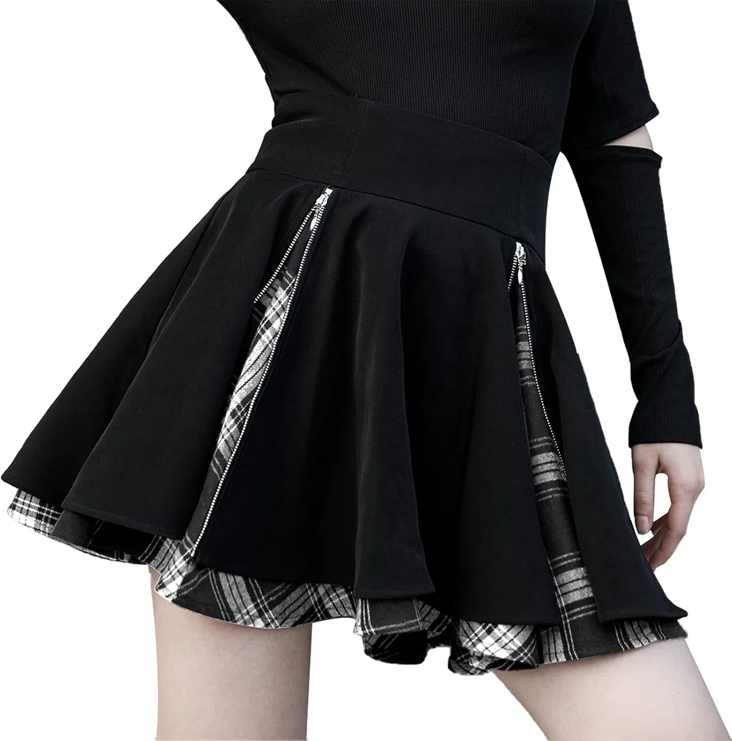 Gothic Skirts Cute High Elastic Waisted Plaid Kilts for Women Trendy Hem Flared Knee Length Mini Skater Skirt