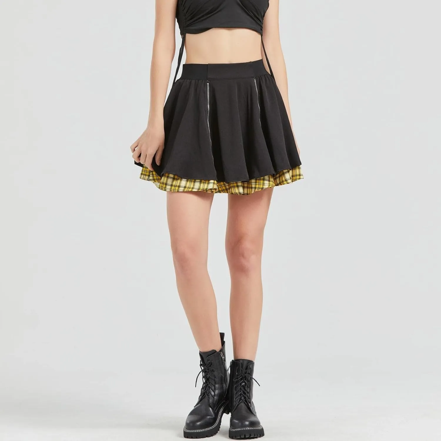 Gothic Skirts Cute High Elastic Waisted Plaid Kilts for Women Trendy Hem Flared Knee Length Mini Skater Skirt
