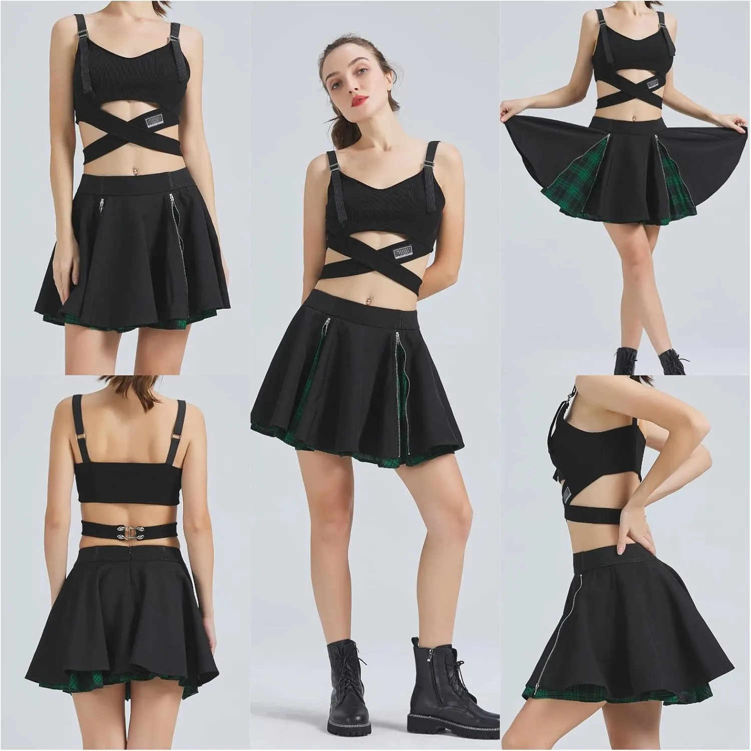 Gothic Skirts Cute High Elastic Waisted Plaid Kilts for Women Trendy Hem Flared Knee Length Mini Skater Skirt