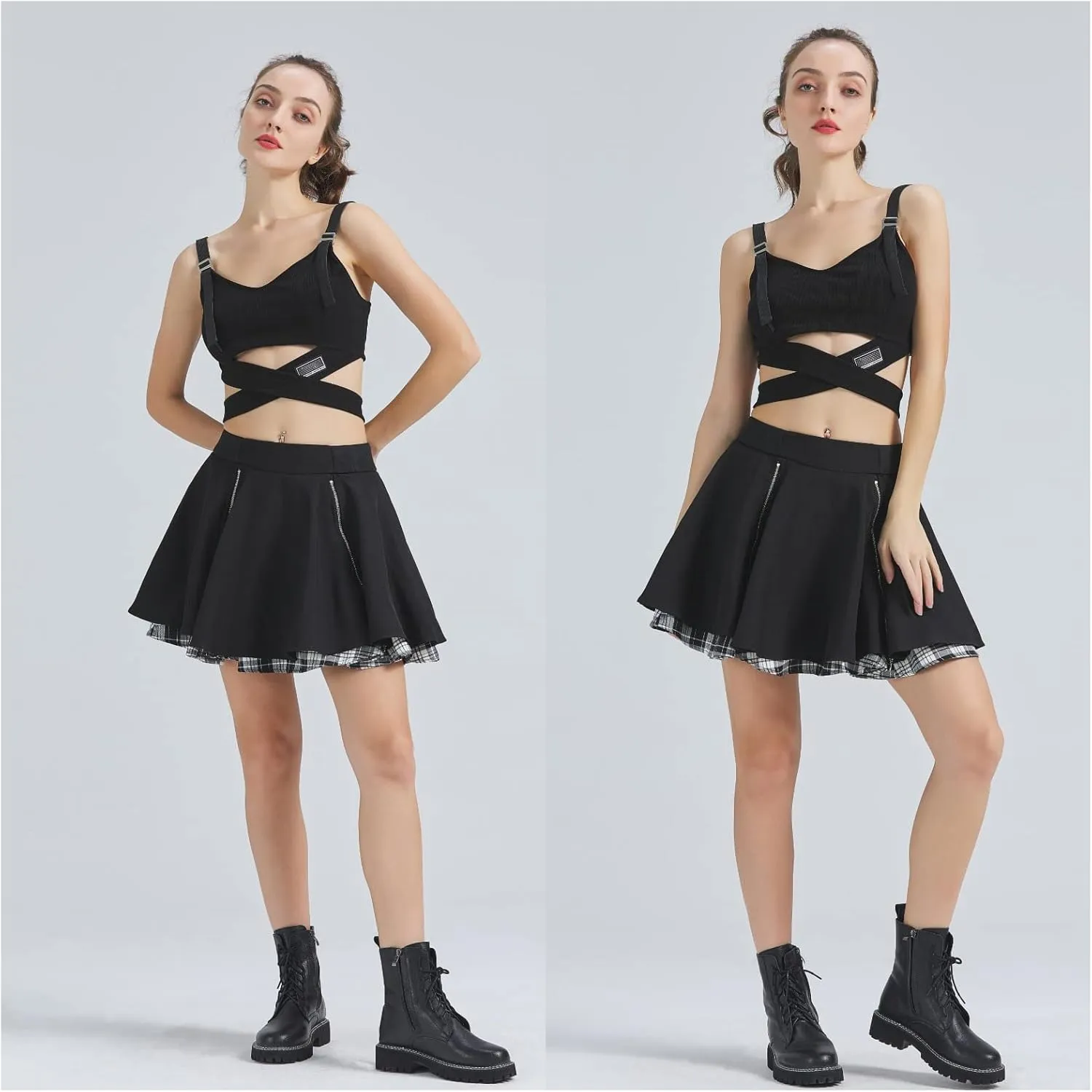 Gothic Skirts Cute High Elastic Waisted Plaid Kilts for Women Trendy Hem Flared Knee Length Mini Skater Skirt