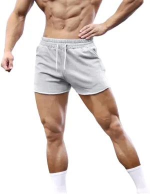 GYMAPE Men's Gym Sport Bodybuilding Workout Casual Shorts with Pockets 3 inch Inseam Raw Hem Terry Cotton