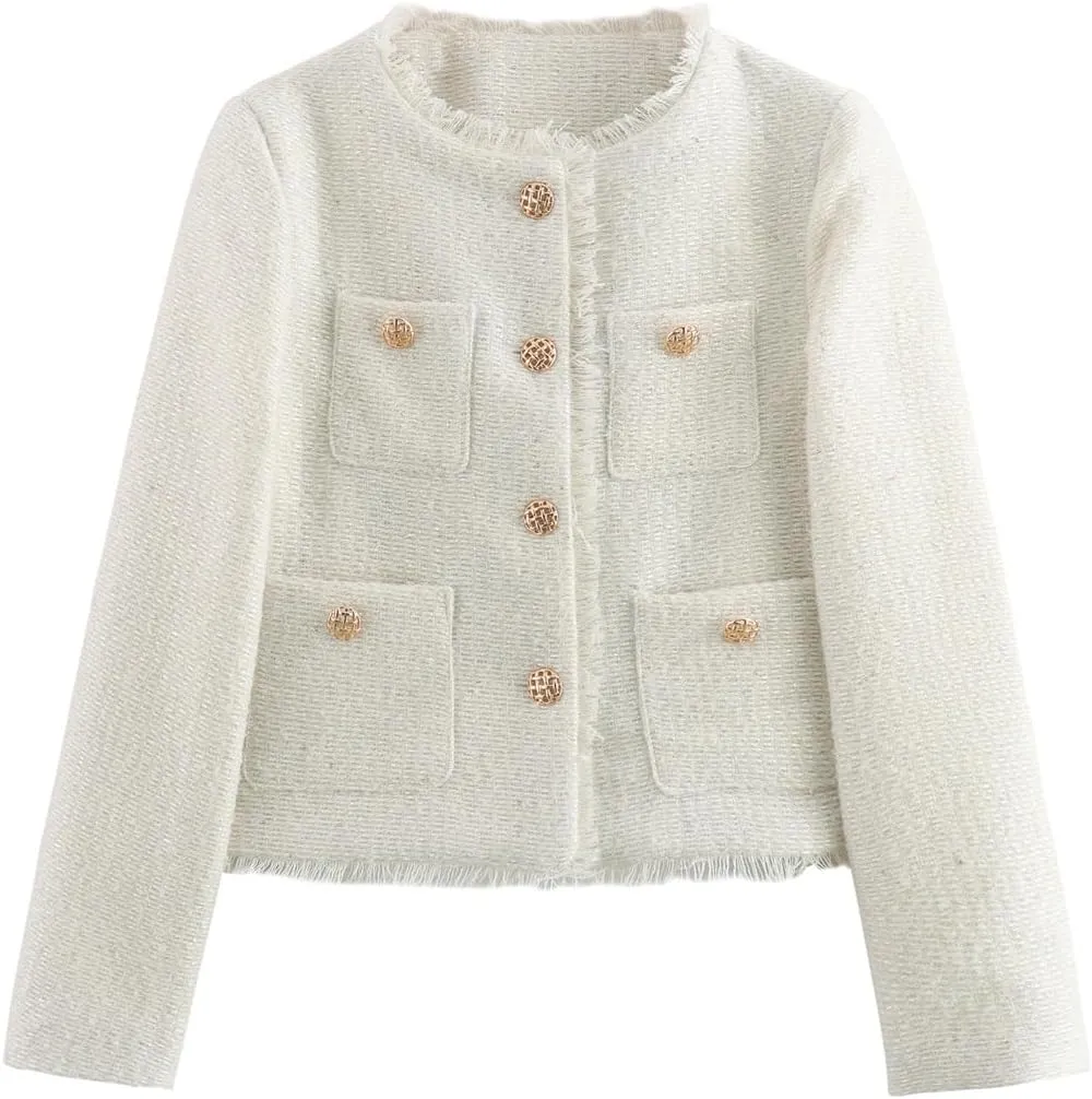 hathne Womens Tweed Blazers Jackets Casual Long Sleeve Button Down Cropped Jacket Coat Tops with Pocket