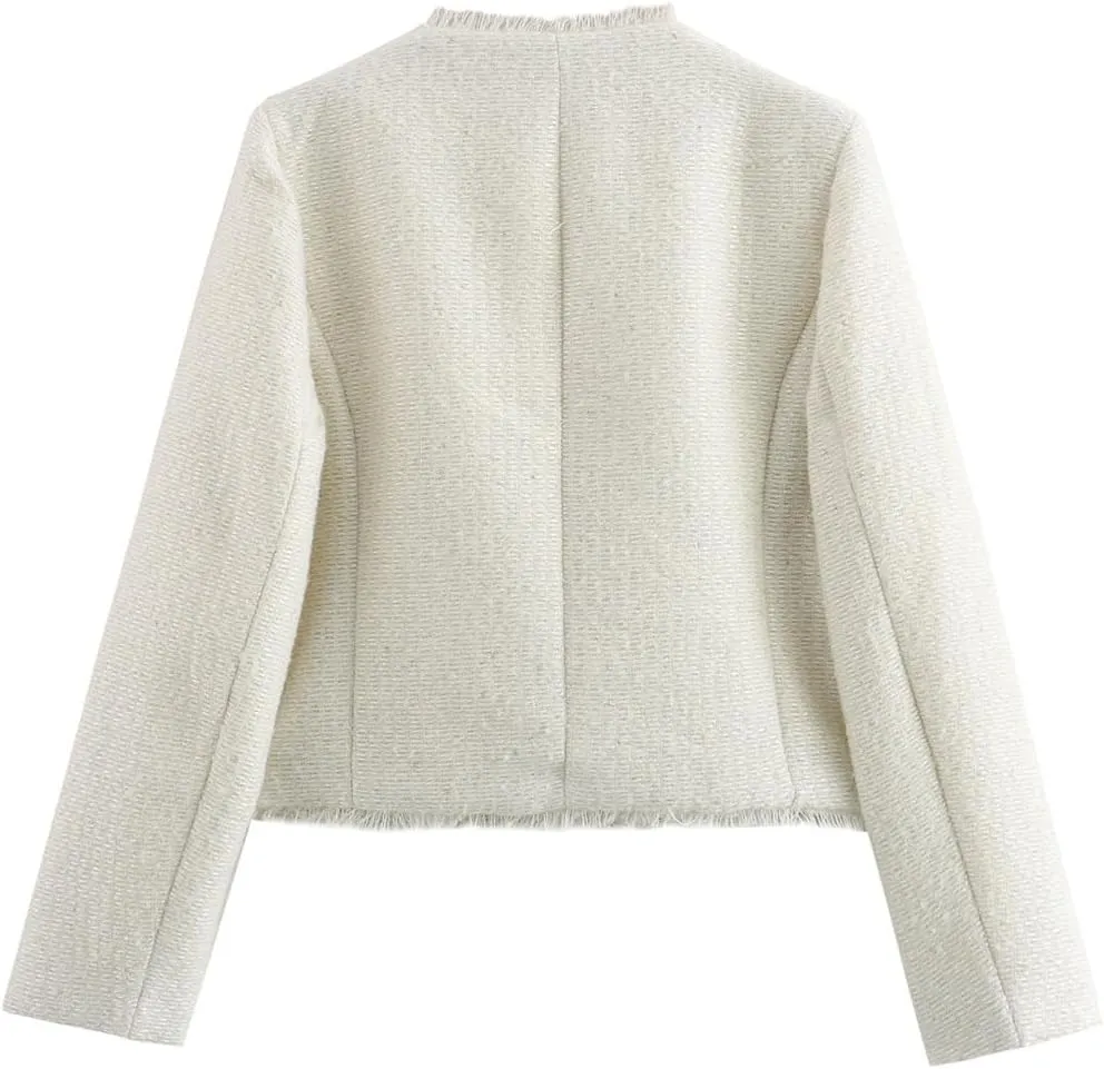 hathne Womens Tweed Blazers Jackets Casual Long Sleeve Button Down Cropped Jacket Coat Tops with Pocket