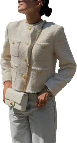 hathne Womens Tweed Blazers Jackets Casual Long Sleeve Button Down Cropped Jacket Coat Tops with Pocket