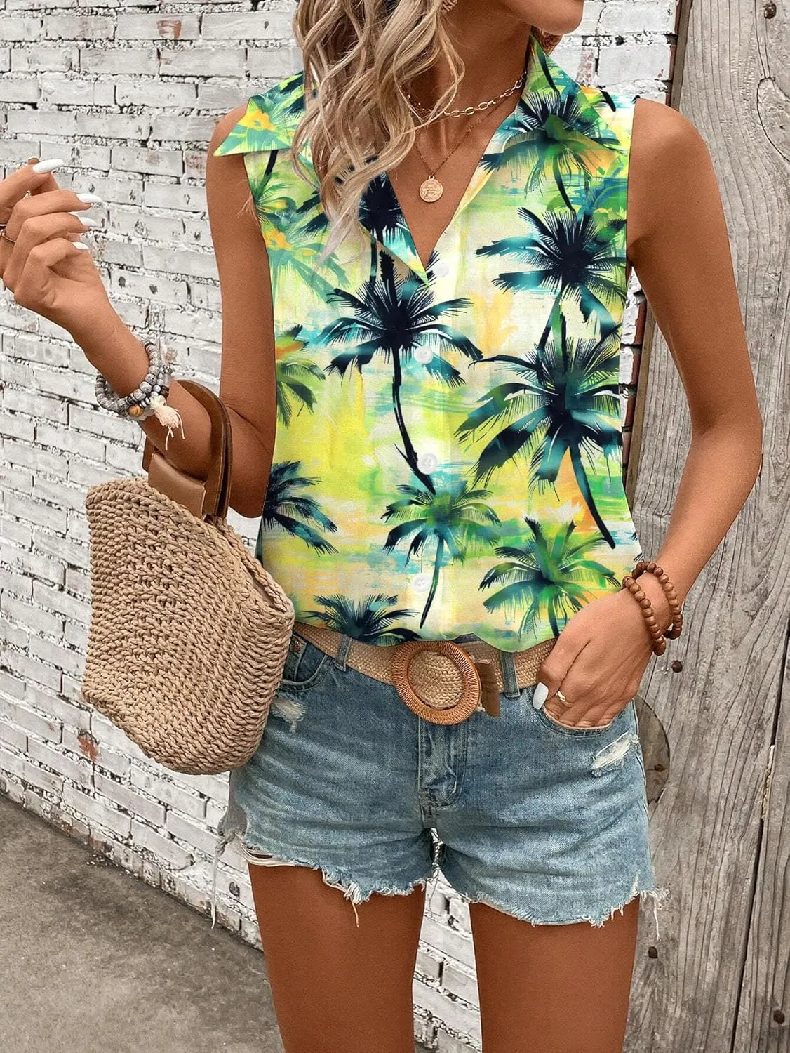 Hawaiian Shirts for Women Sleeveless Button Down Blouses Floral Tropical Tops V Neck Tank Top Casual Summer Outfit