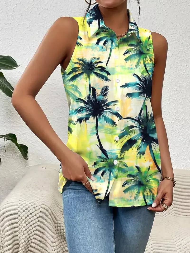 Hawaiian Shirts for Women Sleeveless Button Down Blouses Floral Tropical Tops V Neck Tank Top Casual Summer Outfit