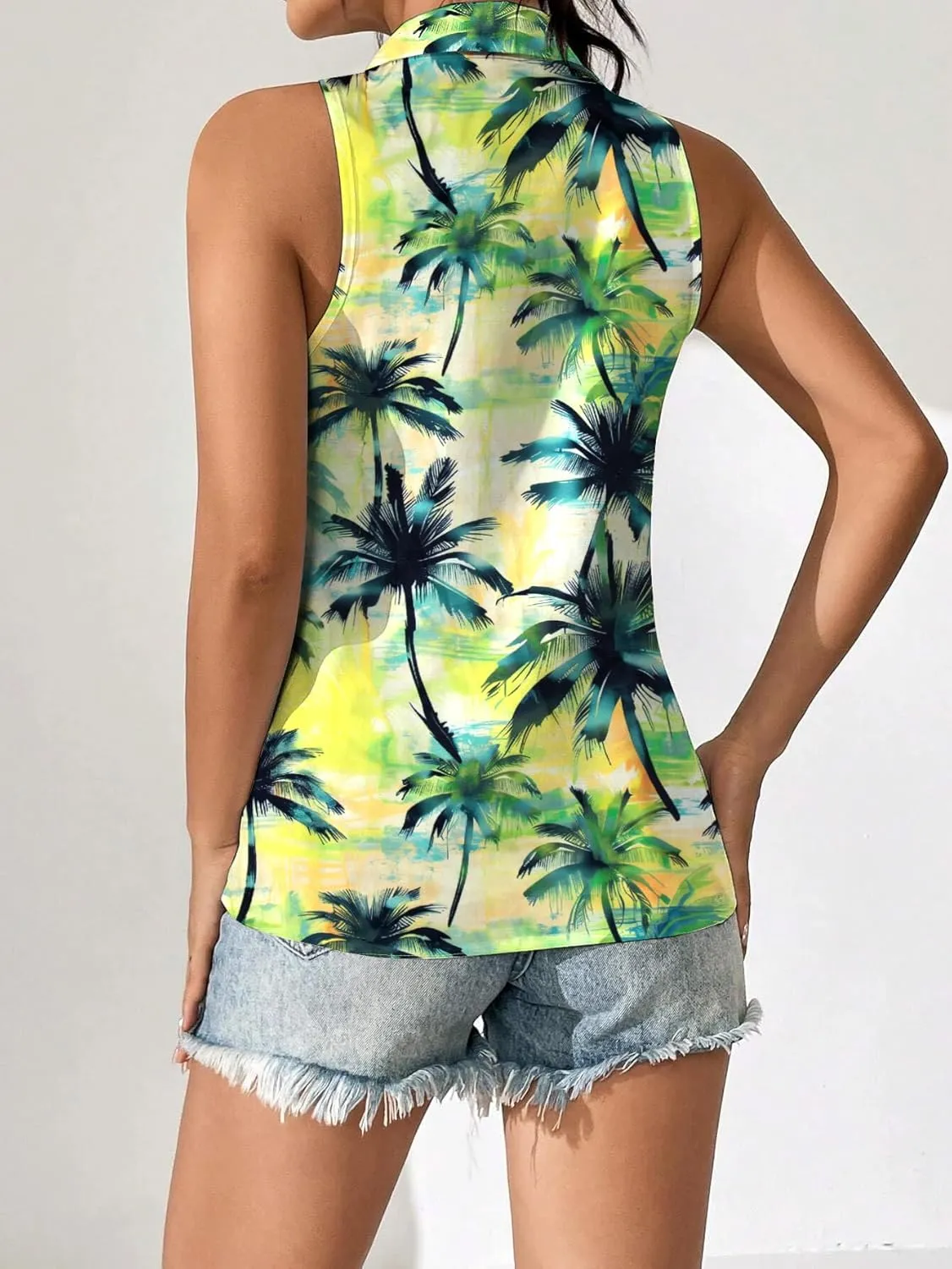 Hawaiian Shirts for Women Sleeveless Button Down Blouses Floral Tropical Tops V Neck Tank Top Casual Summer Outfit