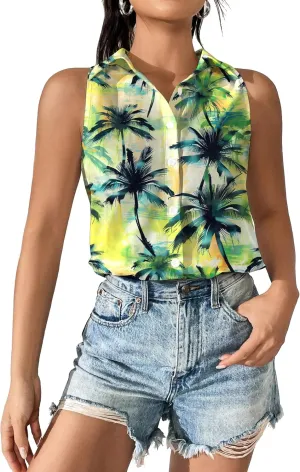 Hawaiian Shirts for Women Sleeveless Button Down Blouses Floral Tropical Tops V Neck Tank Top Casual Summer Outfit