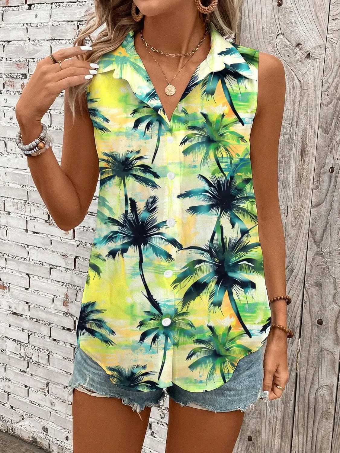Hawaiian Shirts for Women Sleeveless Button Down Blouses Floral Tropical Tops V Neck Tank Top Casual Summer Outfit
