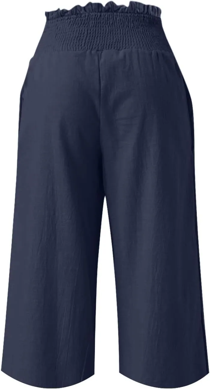High Waisted Palazzo Pants for Women Wide Leg Linen Capri Pant Casual Summer Beach Cropped Trousers with Pockets