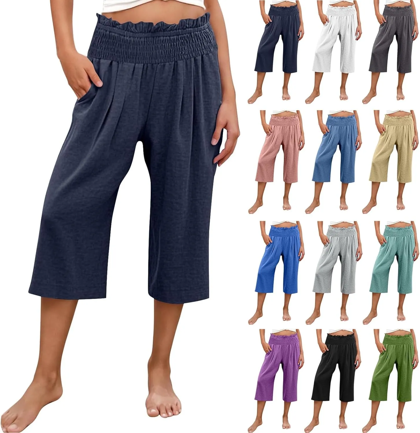 High Waisted Palazzo Pants for Women Wide Leg Linen Capri Pant Casual Summer Beach Cropped Trousers with Pockets