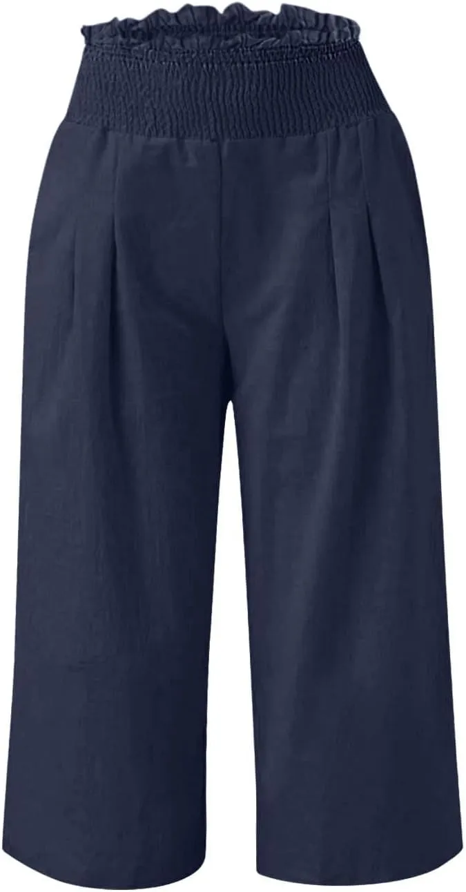 High Waisted Palazzo Pants for Women Wide Leg Linen Capri Pant Casual Summer Beach Cropped Trousers with Pockets