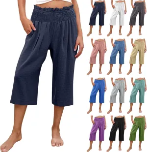 High Waisted Palazzo Pants for Women Wide Leg Linen Capri Pant Casual Summer Beach Cropped Trousers with Pockets