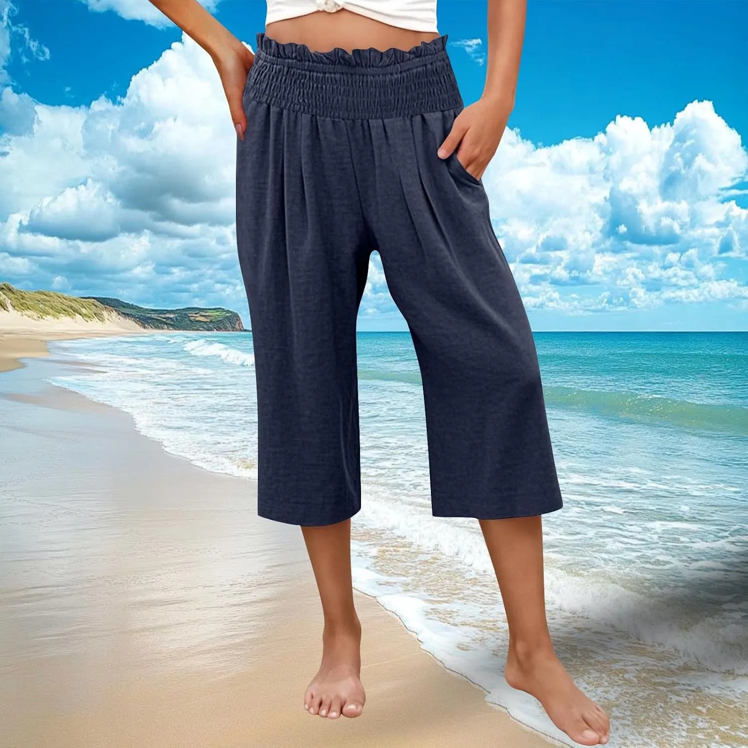 High Waisted Palazzo Pants for Women Wide Leg Linen Capri Pant Casual Summer Beach Cropped Trousers with Pockets